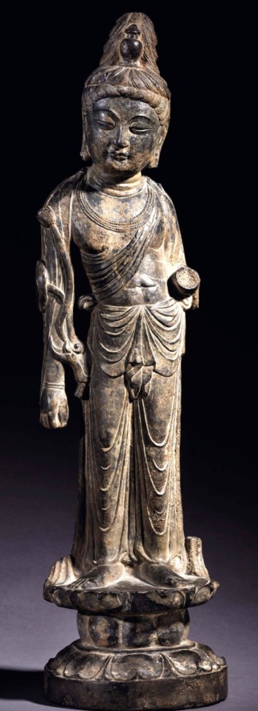 Grey limestone figure of Mahasthamaprapta, early Tang dynasty, Eighth Century, realized $3,252,500.   —Christie’s