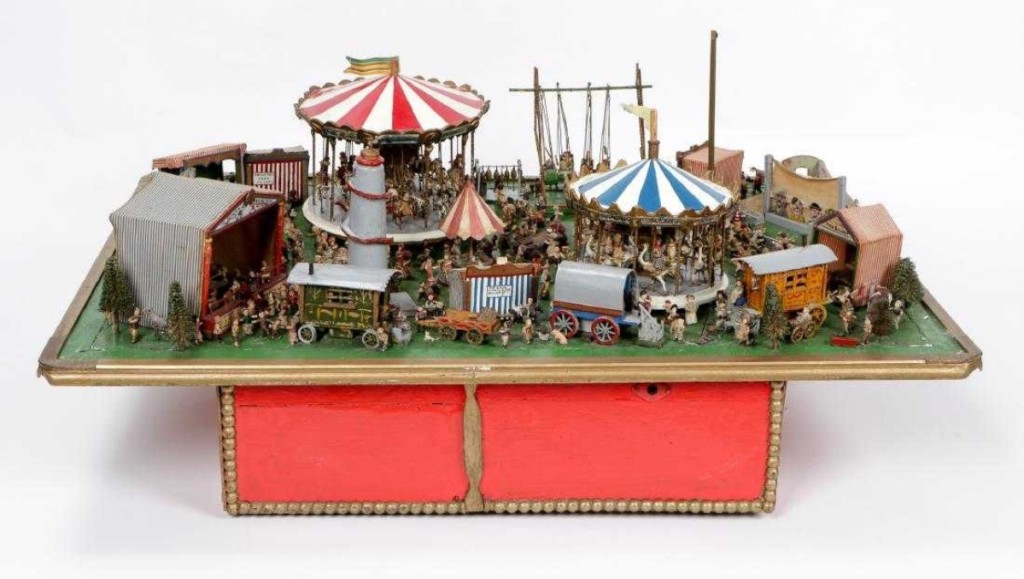 The most online views prior to the sale were received by this folk art scale model of a country fair, an early Twentieth Century piece that included carousels, a Ferris wheel, sideshows, games of chance and hundreds of figures of people and animals. The 20-by-40-by-27-inch model sold for $3,000.