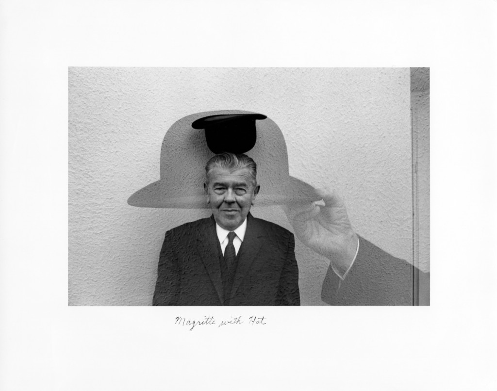 Duane Michals, Magritte with Hat, 1965. Gelatin silver print with hand-applied text, edition 25/25, 6   by 10 inches. © 2018 Duane Michals Courtesy of DC Moore Gallery, New York.
