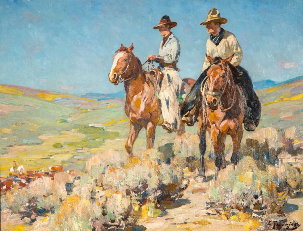 “Two Cowboys in the Saddle” by Carl Rungius, 1895–1950, oil on canvas, 24 by 31-15/16 inches. Bequest of William N. Beach. Photography by Andy Duback.