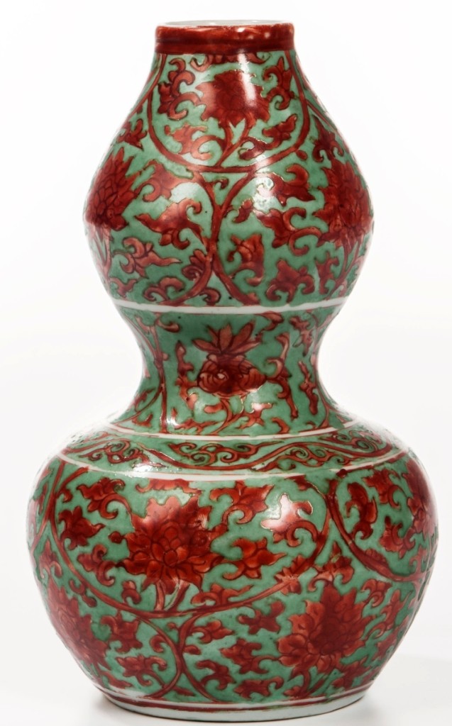 Ming dynasty red and green enameled double gourd vase, sold for $363,000.   —Skinner’s
