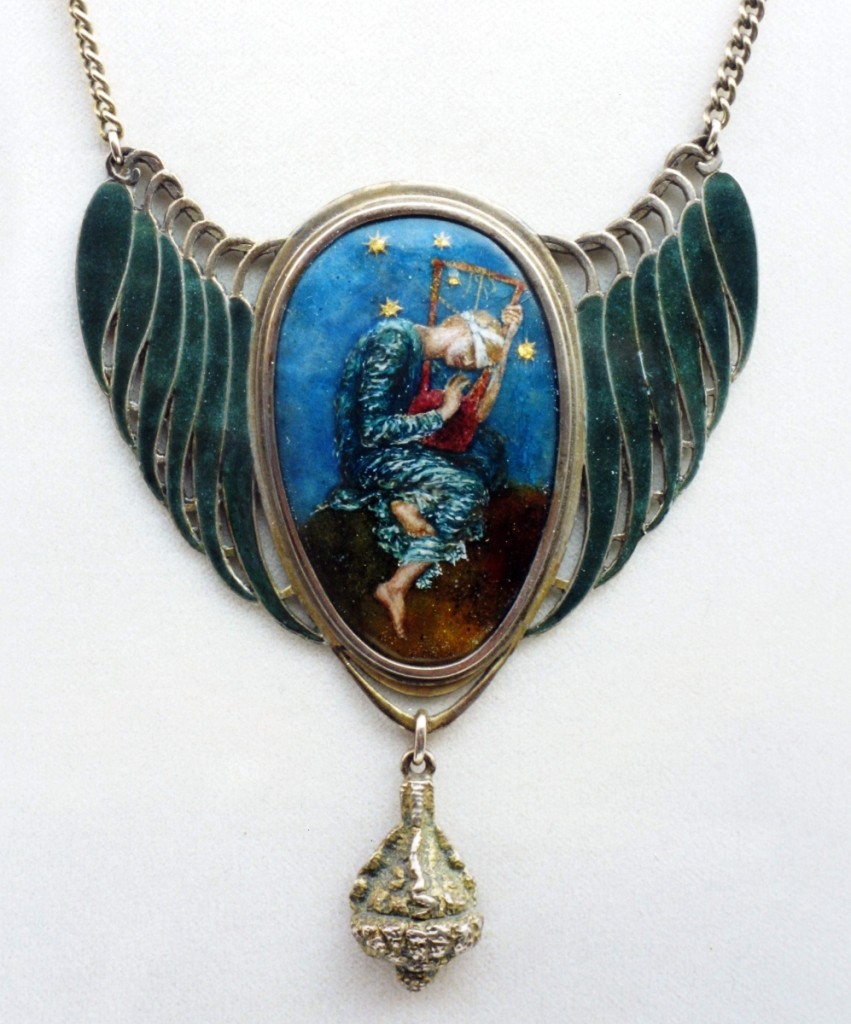 Symbolist pendant, unknown maker after “Hope” by George Frederic Watts (1817–1904), circa 1895. Enamel and silver. The collection of Richard H. Driehaus, Chicago. Photo courtesy Tadema Gallery.