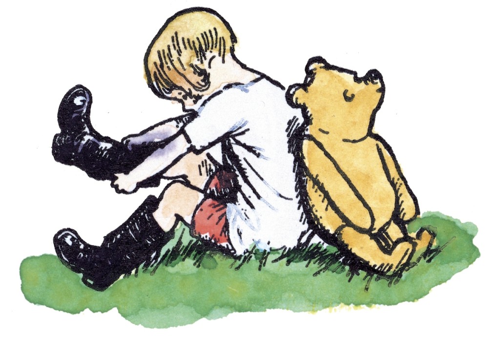 Print of Pooh and Christopher Robin, Ernest Howard Shepard (British, 1879–1976), 1970, lineblock and watercolor, hand colored by E.H. Shepard. ©Egmont UK Ltd, reproduced with permission from the Shepard Trust. Courtesy Museum of Fine Arts, Boston.