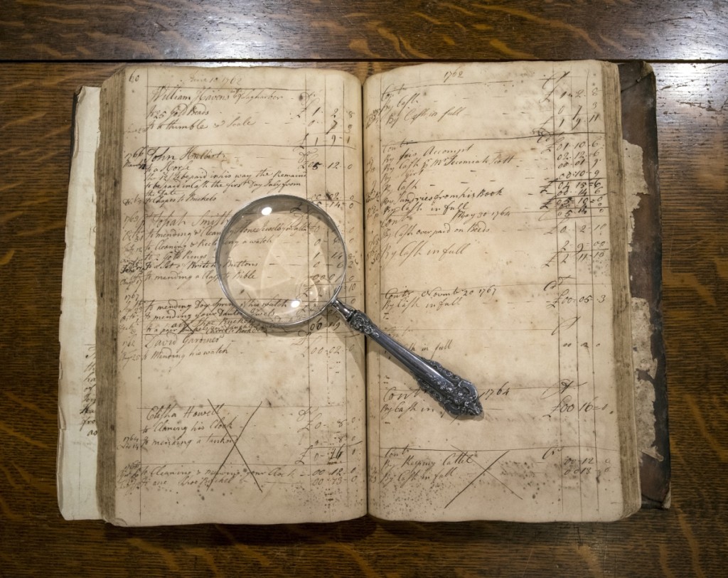 Account Book No. 2, kept by Elias Pelletreau, circa 1761–65, 1780–82. Leather binding and laid paper; 13 by 8½ by 1-  inches. Long Island Collection, East Hampton Library. Photo Gina Piastuck.