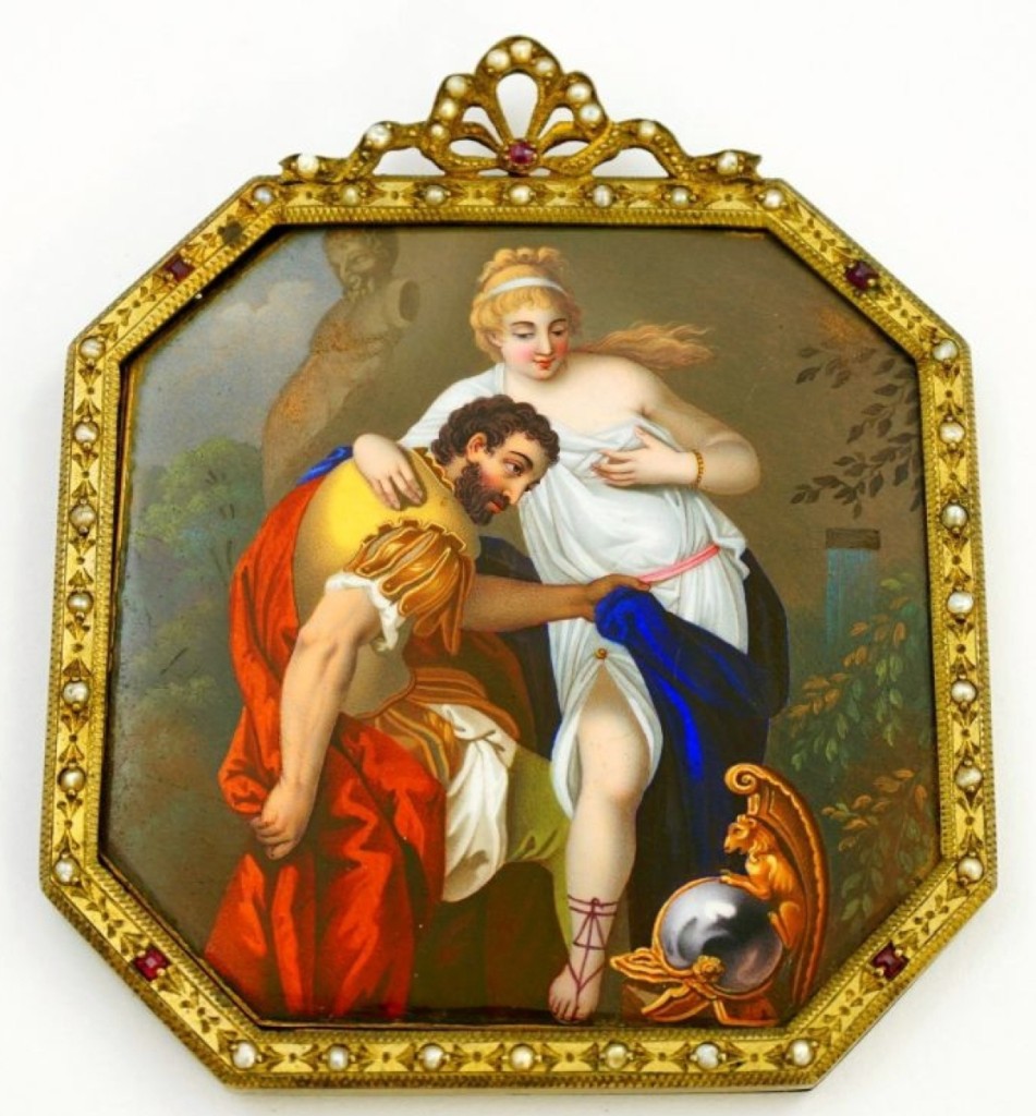 This miniature enamel portrait of woman and soldier in Greco-Roman setting sold for $4,400.