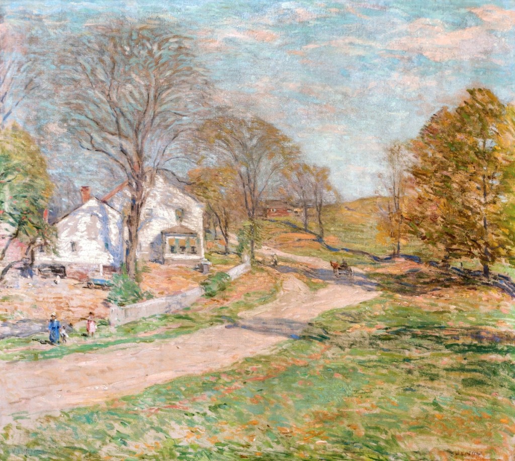 “The Road That Leads Home” by Willard Leroy Metcalf (1858–1925),   oil on canvas, 26 by 29¼ inches ($200/300,000).