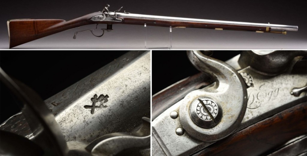 The second highest lot in the sale was this Ferguson breech loading flintlock pattern rifle No. 2 by Durs Egg, which went out at $96,000. The rifle was Ferguson’s personal weapon and was presented to the King of England for demonstration, bearing the stamp of the King’s proofs in the bottom left detail above. Only 100 Ferguson rifles were made, and only 12 are known to have survived. Ferguson is storied as the man who had a bead on Washington at Brandywine, but did not shoot, as the general’s back was turned. Geiger said that since this rifle is considered to be one of Ferguson’s personal rifles, it is possible that this was the rifle that had a bead on the future President.