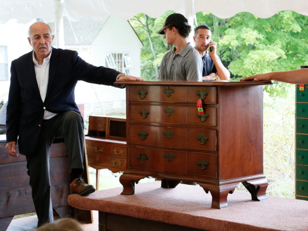 This was the top chest of the day. Corcoran thought it was from Massachusetts, but the buyer believed it was from Northwest Connecticut. It took $4,800.