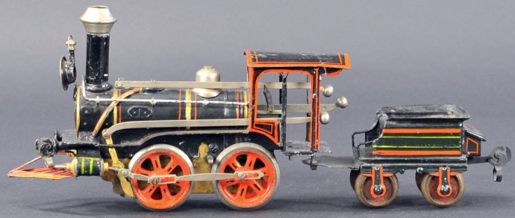 Selling within estimate at $11,400 was this early Marklin clockwork 0-4-0 locomotive for the American market. It features bright attractive colors, the cowcatcher, tall smoke stack with nickel top, open-style loco cab, tender with tool box and early loop-styled couplers. The locomotive measures 11 inches long and is in pristine condition. It went to a phone bidder.