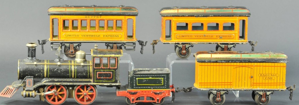 Selling to a collector in the gallery was lot 39, a Marklin limited vestibule express passenger set for $15,600, which was over the high estimate. The set included a hand painted clockwork, Marklin 0-4-0 American outline locomotive followed by three cars made only for the US market. Each car measures 8 inches long.