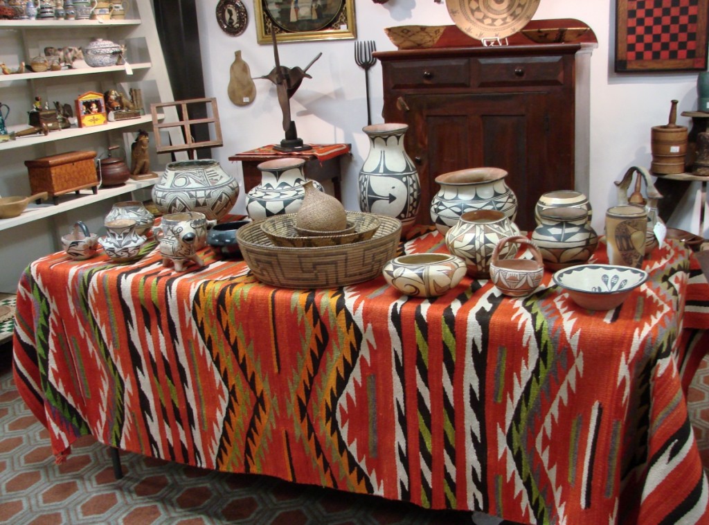 Steve Smoot Antiques and Navajo Textiles, Lancaster, Penn., had a large selection of Southwest American Indian pottery, baskets and textiles. Pieces from various tribes are displayed on the table, including Hopi, Apache, Zuni and several others. Prices ranged from $150 to $3,900, depending on size, rarity and condition.