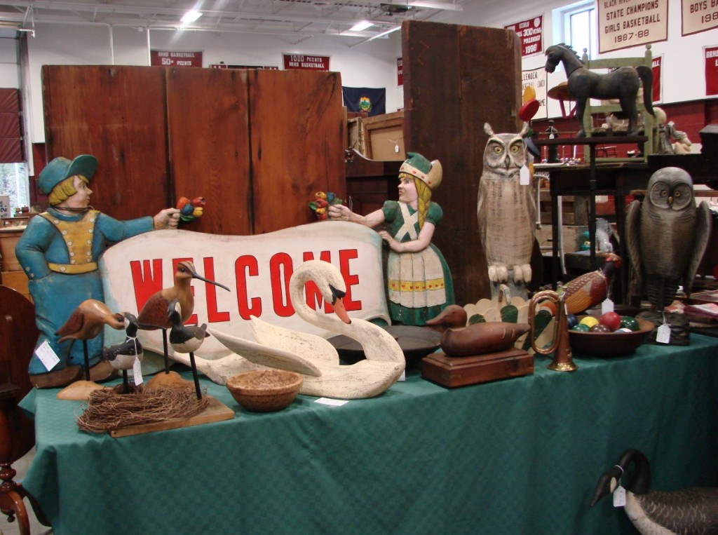 John Bourne, Pittsford, Vt., always has several reasonably priced carvings. The large swan was priced at $650, and the “Welcome” sign was $375.