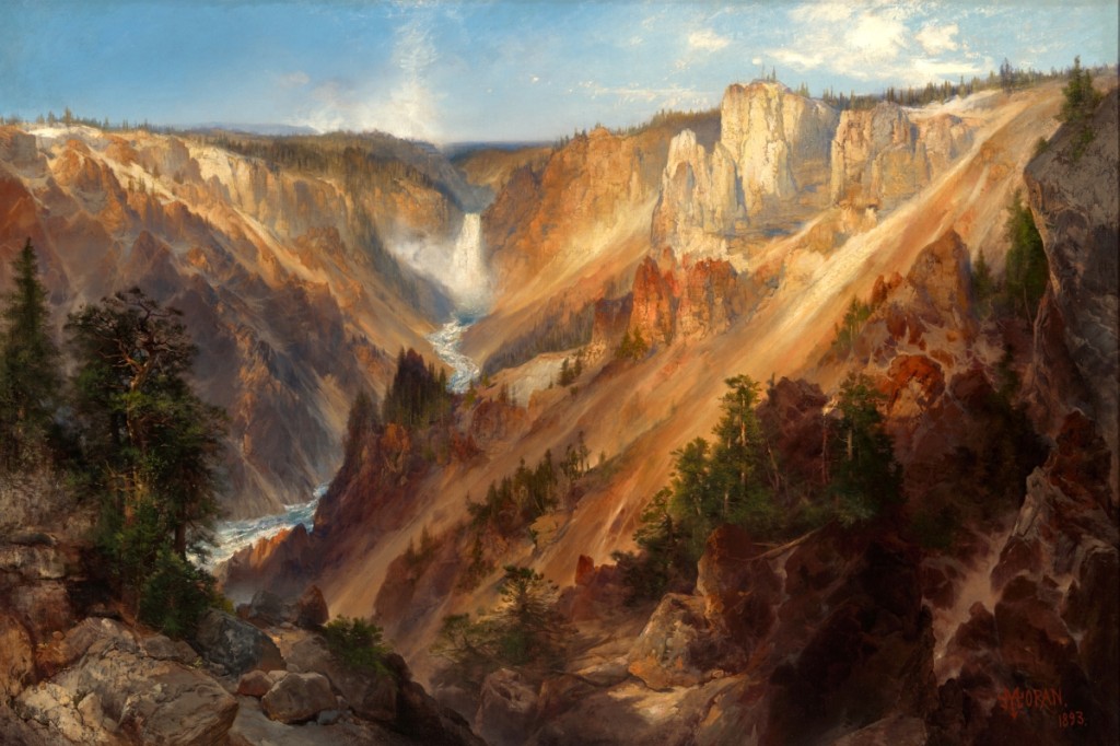 “Lower Falls, Yellowstone Park (Grand Canyon of the Yellowstone)” by Thomas Moran (American, 1837–1926), 1893. Oil on canvas. Gift of Thomas Gilcrease Foundation, 1955, Gilcrease Museum.