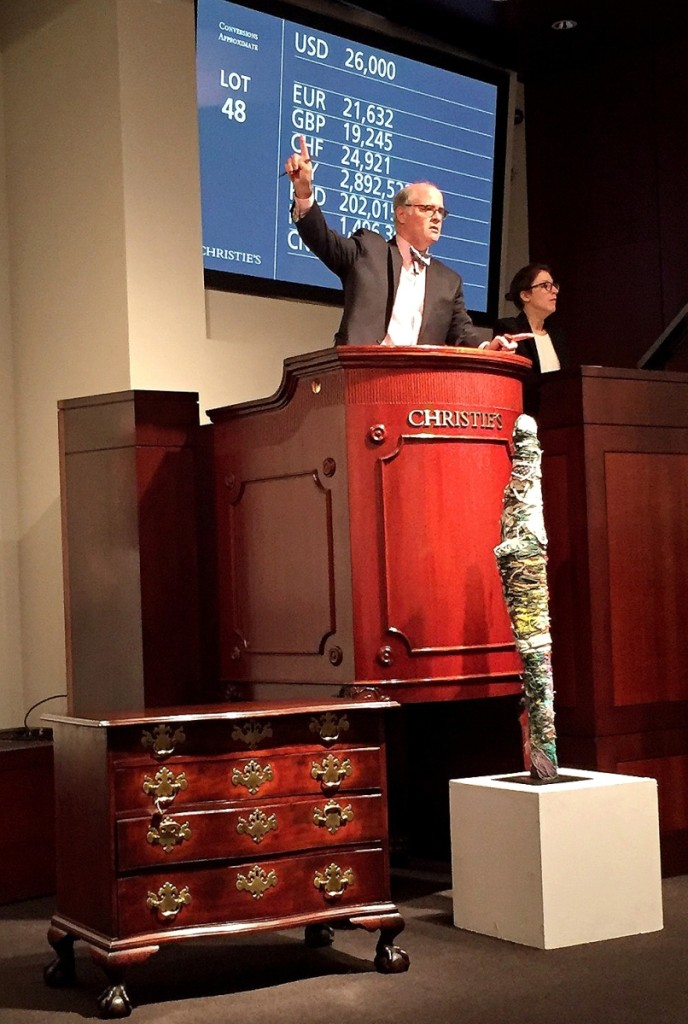 John Hays selling from the podium during Christie’s January 2017 Americana sales. —Antiques and The Arts Weekly photo