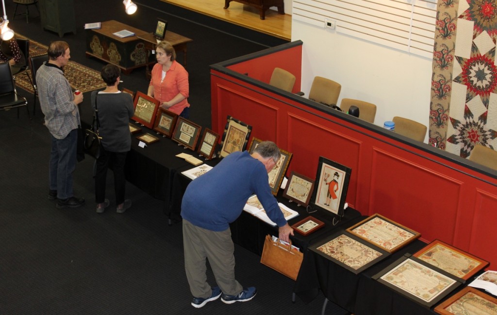 Fraktur scholar Lisa Minardi was available during the Friday night preview party to answer questions about many of the fraktur in the Flack’s collection. She had gathered together an impressive variety of lots that showed several similar examples done in different ways that demonstrated regional characteristics or artistic differences.