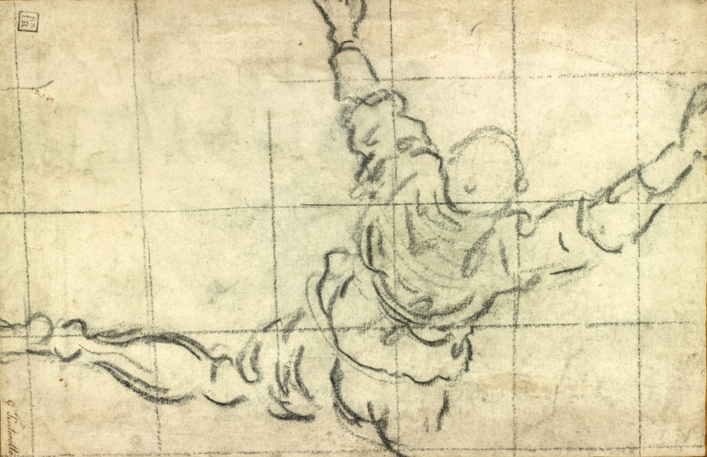 Tintoretto (1518/19–1594), “Study for a man climbing into a boat” (recto), 1578–79, charcoal, squared in charcoal. The Morgan Library & Museum. Gift of J.P. Morgan Jr. The Morgan Library & Museum, IV, 76. Graham S. Haber photo, 2012.
