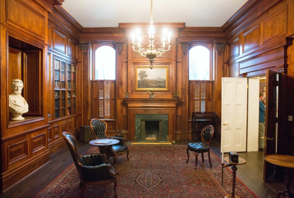 Custom woodwork by an Illinois craftsman enhances the Civics Library.