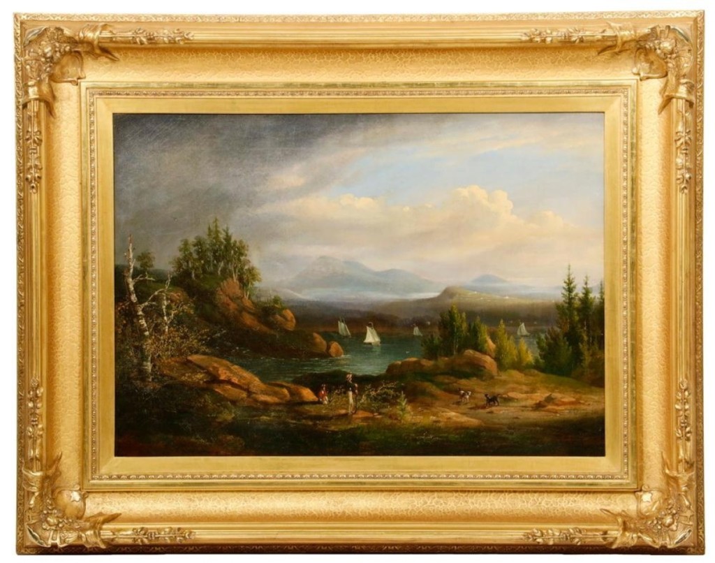 The cover lot of the sale, “Somes Sound,” an oil on canvas, by Thomas Doughty (1793–1856), brought $14,625. The scene, on Mount Desert Island, was a small mountain harbor with sailboats and figures of a man and woman in the foreground.