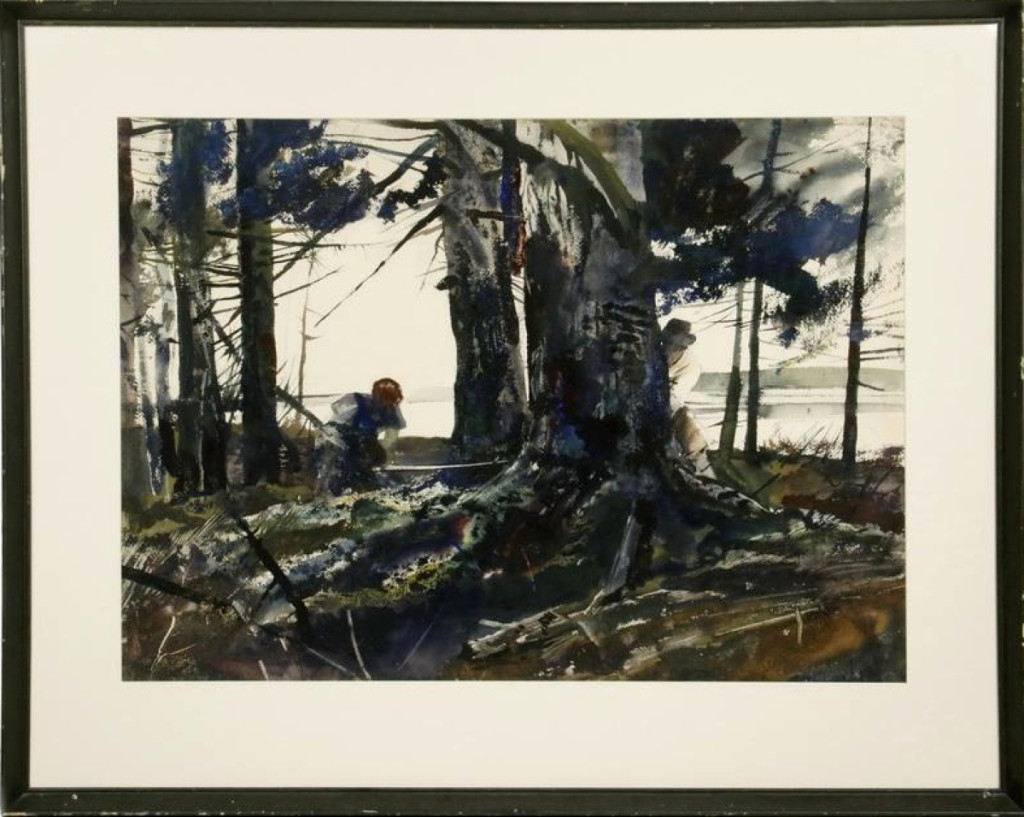 The star of the auction was Andrew Wyeth’s watercolor, “Spruce Timber,” which brought $122,750. It depicted a scene in Cushing, Maine.