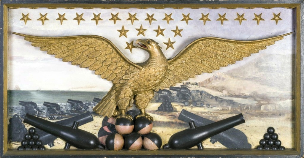 This colorful, well-carved diorama was passed at the sale but sold shortly thereafter for $9,000. The large, circa 1870 diorama was attributed to John Williams and W.H. Coffin and depicted a gilded, spread-winged eagle under 37 stars, with several cannons and cannon balls. It was believed to once have been in the Portsmouth Naval Shipyard.