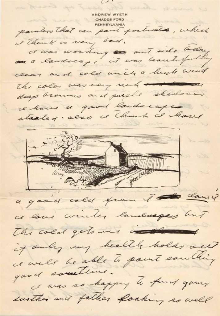 Several of Andy Wyeth’s love letters to Alice Moore included drawings that may never have been seen before. This one, written March 1, 1938, says, “I was working outside today on a landscape. It was beautifully clear and cold with a brisk wind. The color was very rich, deep browns and purple shadows. I have a good landscape start, also I think I have a good cold from it, damn it!” It was the highest priced of the letters, bringing $7,930.