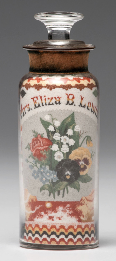 Andrew Clemens (1857–1894), sand bottle depicting an American spread-winged eagle underneath a flag of 36 stars on one side and a floral bouquet below the name Mrs Eliza B. Lewis on the other. When the bottle finally sold for $132,000, applause burst out in the room.