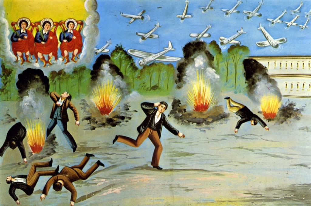 Votives are frequently personalized so that the identities of those involved are made clear. Its inscription in Italian can be translated as “Miracle granted to Cavallaro Guiseppe da Pedara on December 17, 1944 (Catania).” Votive painting of Cav. Giuseppe of Pedara for protection during an aerial bombing offered to Saints Alfio, Filadelfo and Cirino, Sicily, 1944. Oil on metal. Rudolf Kriss collection, Asbach Monastery, Bayerisches Nationalmuseum, Munich. ©Bayerisches Nationalmuseum Munich.   							                                            —Walter Haberland photo