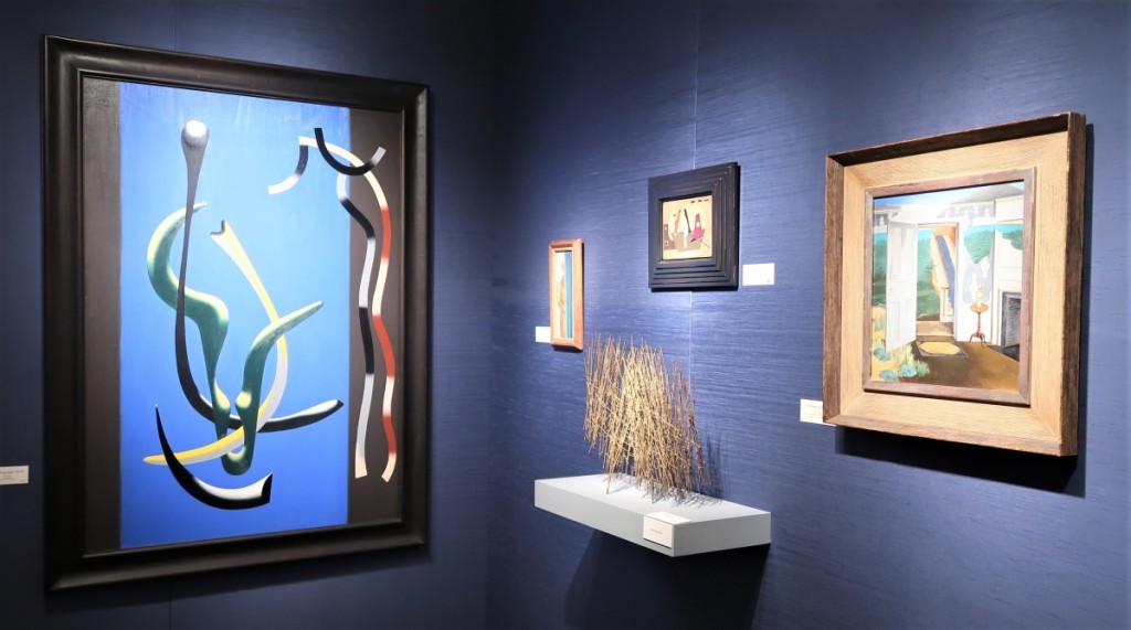 Left, untitled abstract oil on canvas, 1936, by Charles Biederman, and right, “Behind the Curtain” by Jared French, 1963, egg tempera on board. The sculpture is “Straw” by Harry Bertoia, circa 1964, mixed coated metal over steel. Jonathan Boos, New York City