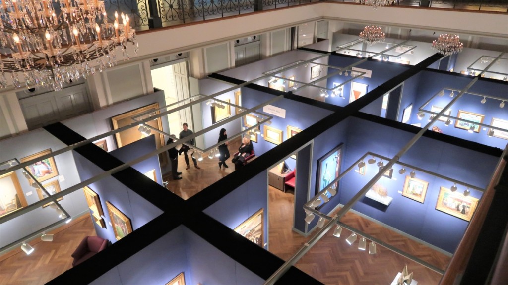 The American Art Fair sets up on three floors in Bohemian National Hall. Here, the dramatic cutaway view from the mezzanine to the main floor below.