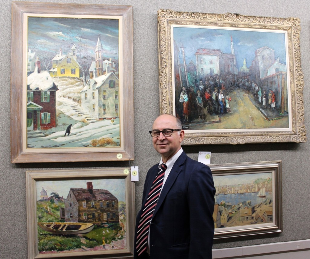 The Henry Gasser “Winter Steps” painting, shown upper left, was receiving a lot of presale interest, according to auctioneer Frank Kaminski.