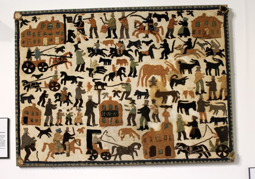 One of the eye-catching works at the show was this appliqued mat in the booth of Newsom & Berdan Antiques & Folk Art. The Thomasville, Penn., dealers said it had been deaccessioned from a military museum and discovered in New Hampshire. In untouched as-found condition, it depicted a colorful New England town celebration.