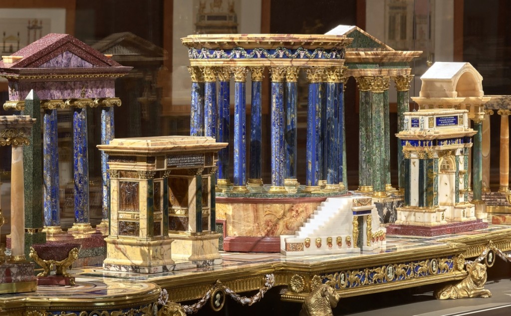 Oval room at The Frick, installation view of deser for Jacques-Laure Le Tonnelier, Bailli de Breteuil (detail), circa 1778, gilt bronze, enamel, colored marbles, amber, lapis lazuli, amethyst, garnets, ivory, and agate, Patrimonio Nacional, Palacio Real, Madrid and Museo Arqueológico Nacional, Madrid. Photo by Michael Bodycomb