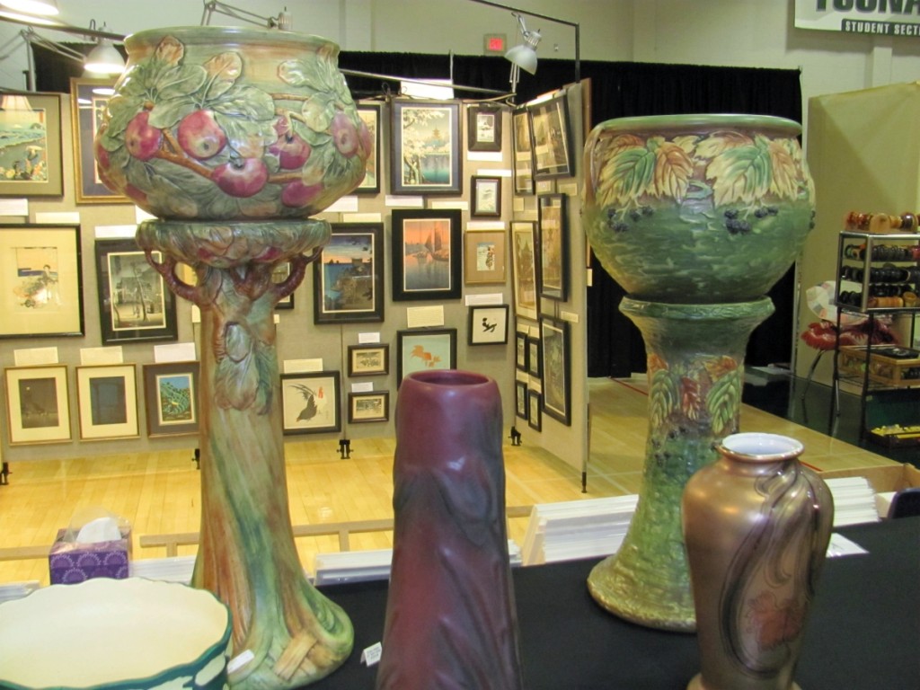 Patti Bourgeois of Pats Pots had these two striking jardinières on pedestals. The one on the left was made by Weller, in the Baldwin pattern. The one on the right was by Roseville, in the Blackberry pattern. The Westport, Mass., dealer had priced them at $1,295 and 1,795, respectively.