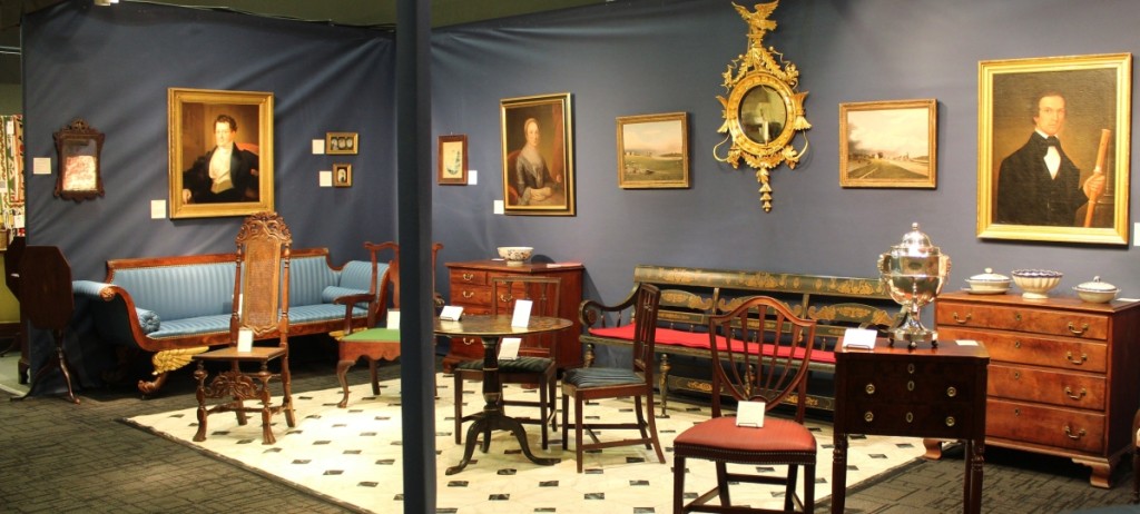 Christopher T. Rebollo Antiques, Lahaska, Penn. The painted settee against the back wall of the booth was made in the McFarland-McDowell shop in Mount Vernon, Ohio, about 1840. Andrew Richmond facilitated the sale of the settee to Ohio clients of his.