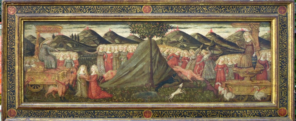 Francesco di Giorgio Martini (1439, Siena; d 1501, Siena) and workshop. Panel from a marriage chest (cassone) with Story of Triumph of Eros and Anteros, circa 1470–75. Tempera and gold on panel, 22¼ by 51-  inches.