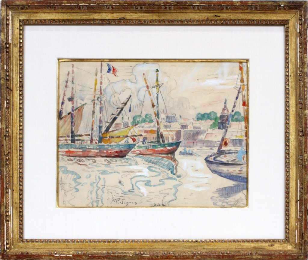 This was the one of two watercolor on paper landscapes by Paul Signac (French, 1863–1935) that made $18,600. It depicted the harbor at Nice and had been estimated at $15/20,000.