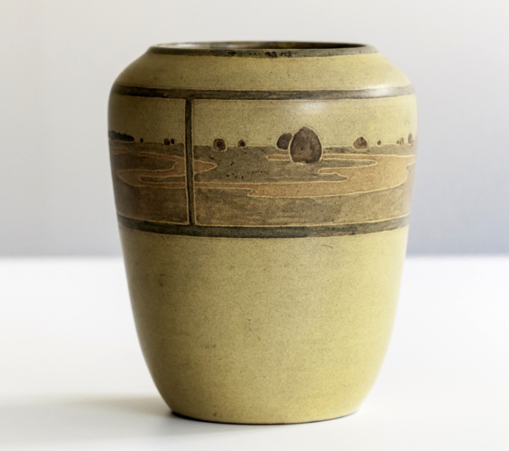 The top selling lot of the sale was this Marblehead Pottery vase, which realized $303,000. One of only four known examples, the landscape vase was designed by Annie E. Aldrich, decorated by Sarah Tutt and made by John Swallow. It was found at a yard sale this past summer by a 19-year-old picker.