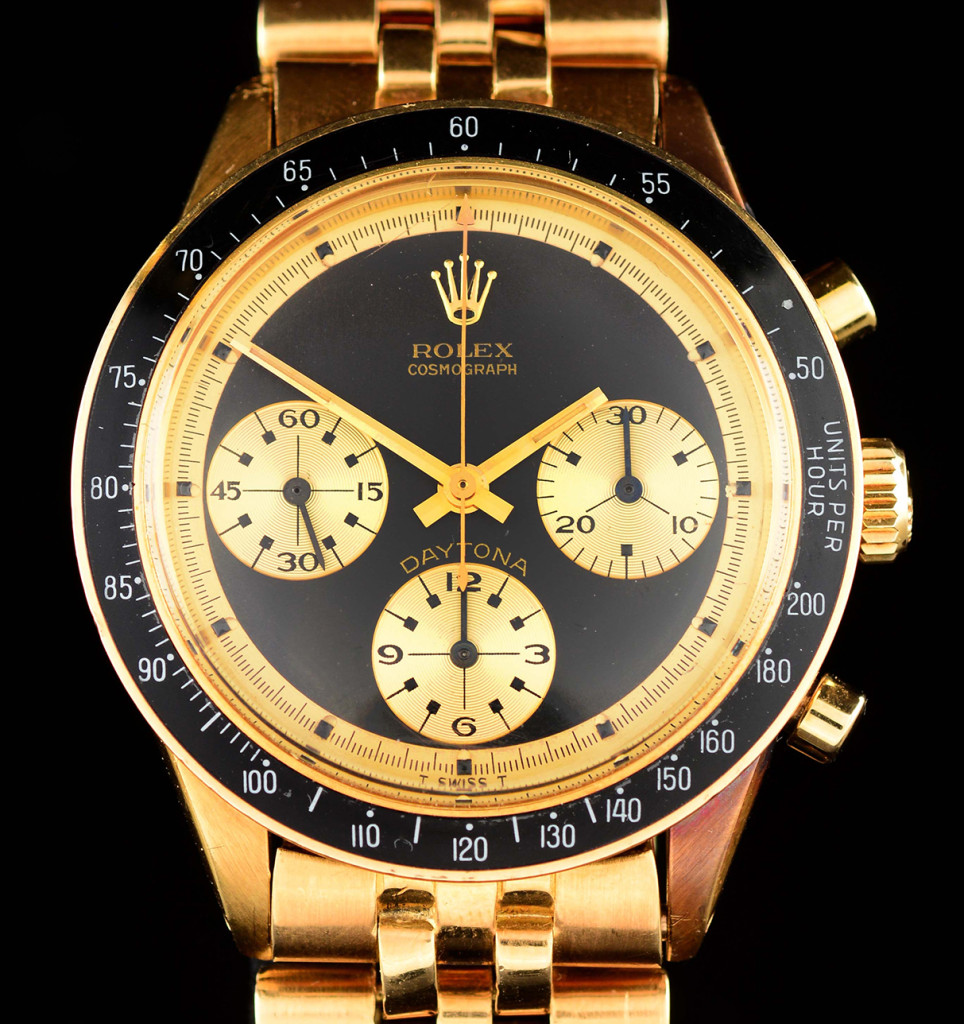 The star lot of the watches was a 1969 Rolex Daytona Ref. 6241 Paul Newman in 18K gold. This watch was purchased on Bahnhofstrasse Street in Zurich, Switzerland, in early 1970 and is being offered for the first ever from the original owner. The watch is completely original and retains original factory finish with a wonderful strong patina/rainbow toning to the case. Unlike the models for the US market, this rare example bears no export marks, or letters, on the movement. It sold for $578,100, within estimate.