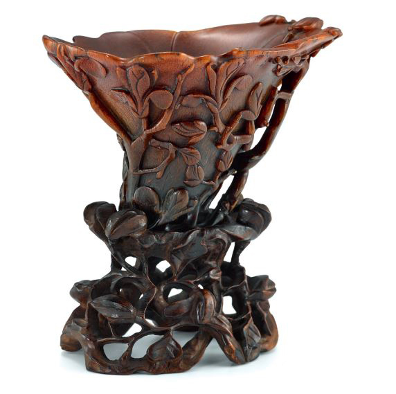 One of three Rhinoceros horn lots pulled from the Sotheby’s November 29 Chinese art sale in Hong Kong. The Rhinoceros horn “Magnolia” libation cup is from the Qing Dynasty, Kangxi period, and was expected to bring $19/25,000.