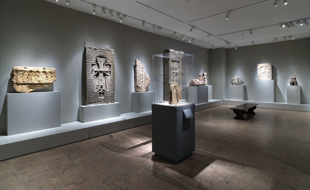 “Armenia!” presents not only manuscripts, textiles and relics but also a significant display of intricate architectural elements. At left center, an ornamental basalt cross or Khachkar, carved before the Mongolian Conquest of 1238, which was found at Lori Berd, a fortress in northern Armenia; on loan from the History Museum of Armenia, Aravan.