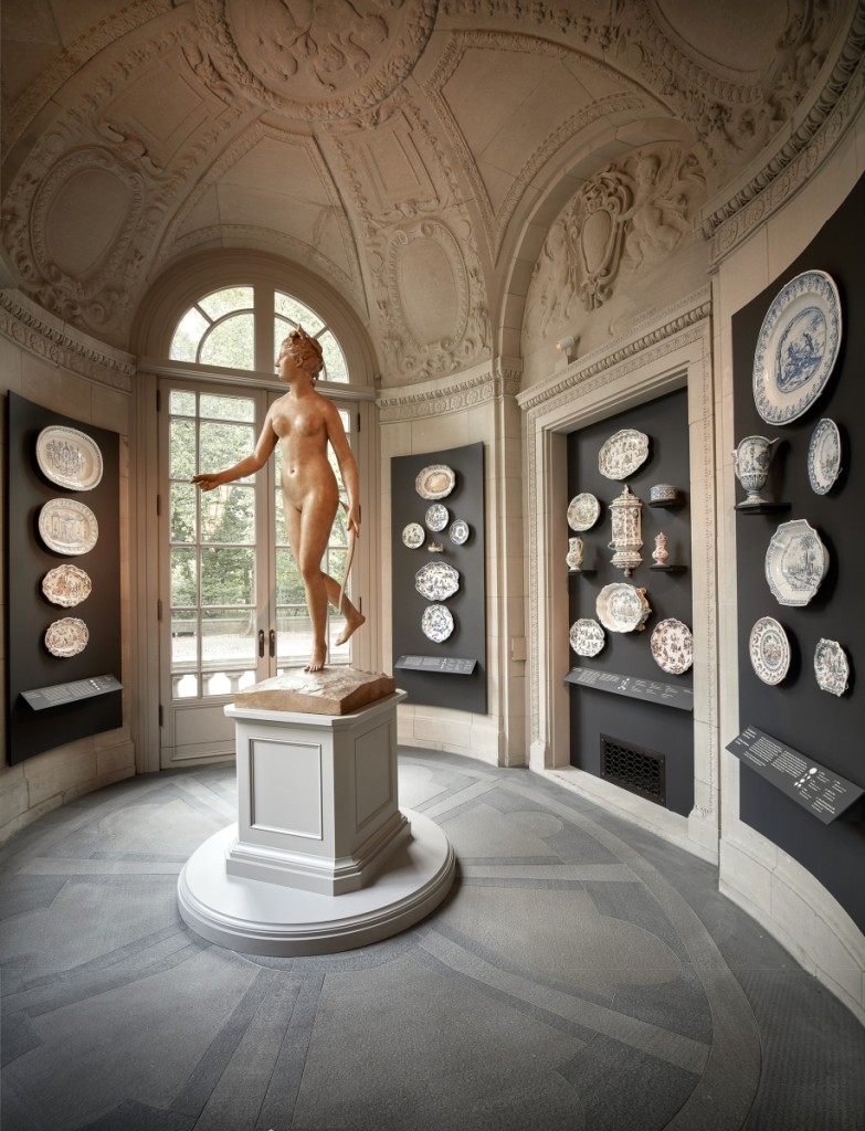 The sun-splashed Portico Gallery is an ideal spot for showing ceramics, one of the few mediums that can withstand such light. Right is a selection of Eighteenth Century French faience from the manufacturing centers of Montpellier, Moustiers and Marseille.