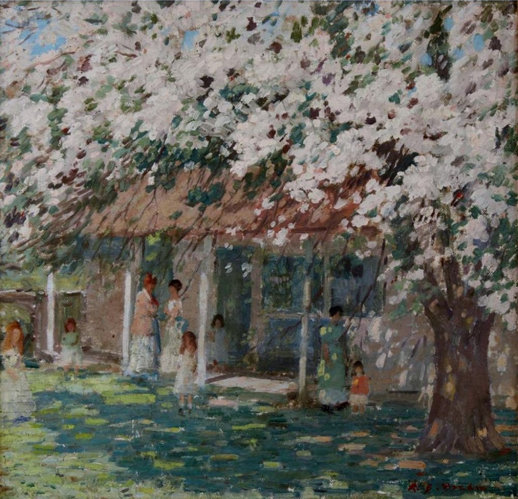 Of the two Rae Sloan Bredin works in the sale, a 14-by-14-inch oil on canvas titled “May Day” performed the highest, selling at $46,250. The work had been exhibited at the James A Michener Art Museum and was included in two publications on the Pennsylvania Impressionists. The catalog noted that one could make out Bredin’s family members in the painting, including Mary Elizabeth Price and Elizabeth Friedly Price, Bredin’s sisters-in-law.