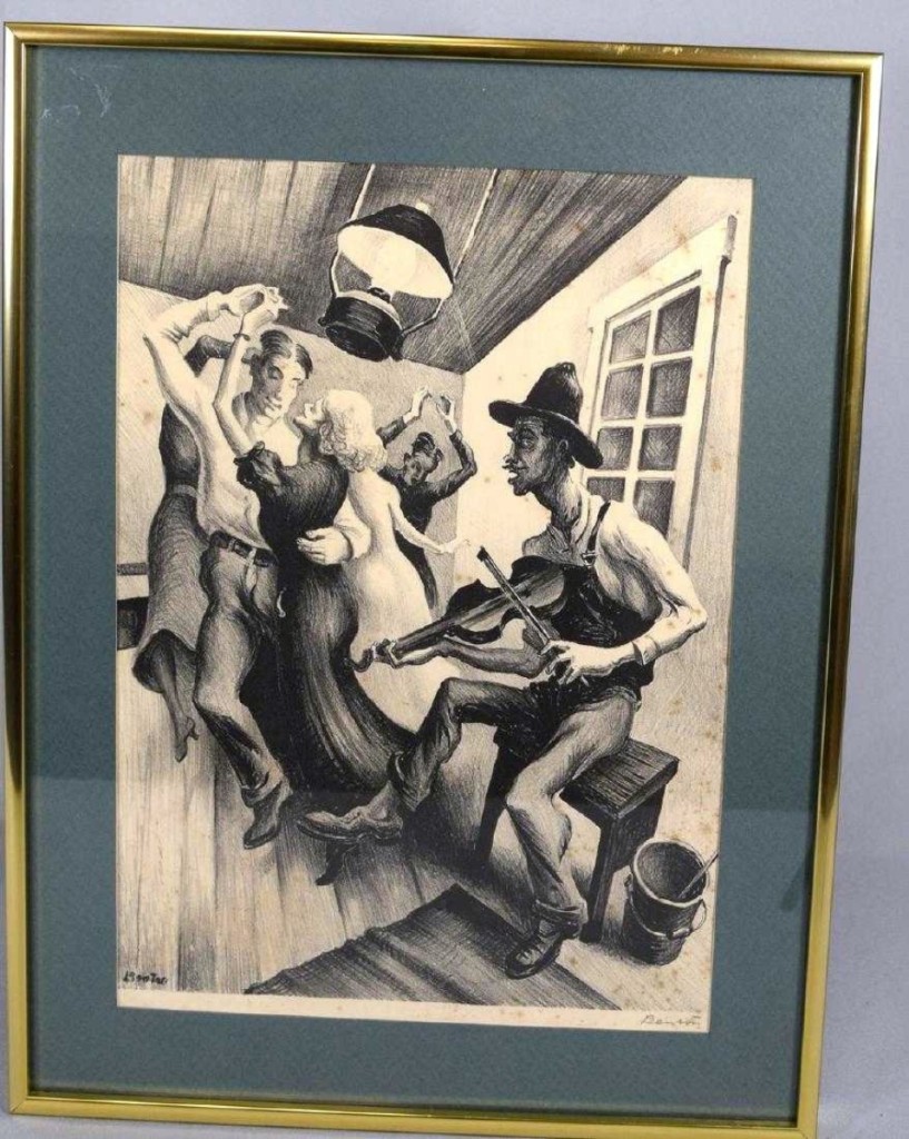 A pencil-signed, limited edition lithograph by Thomas Hart Benton, “I Got A Gal on Sourwood Mountain,” depicting a fiddler at a country dance, sold for $3,360, well over the estimate.