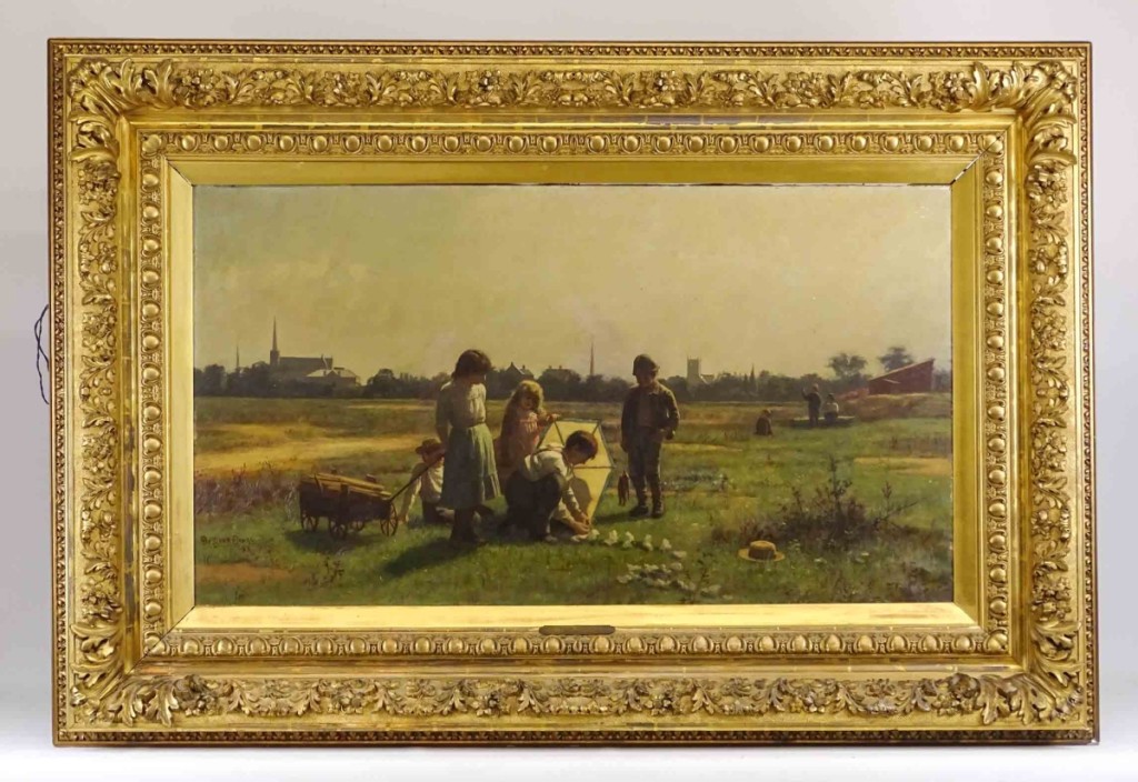 One of Mike Fallon’s favorite paintings in the sale came from an estate in Rhinebeck, N.Y. “The guy showed up in a pickup truck with this in the back,” Mike recalled. The oil on canvas by De Scott (David) Evans (1847–1898) titled “Happy Hours” depicts a Homer-esque scene of young children in a Midwestern field assembling a kite. Signed and dated 1885 in the lower left corner, the painting fetched $15,000.