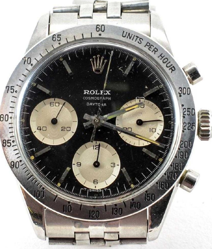 The top lot of the sale was a 1964 men’s Paul Newman Rolex Cosmograph Daytona stainless steel wristwatch, which finished at $56,350. Brechlin believes the surge in pricing for vintage Rolex Daytonas is caused by the long waiting list for new models.