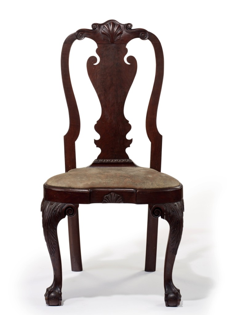 The top-selling lot of furniture at Christie’s was the Powel-Griffitts family Queen Anne carved walnut compass-seat side chair, which retained its original leather upholstery and had descended in the Cooper family of Pennsylvania. Estimated at $200/300,000, the chair is part of a larger set that has since been dispersed into private and institutional collections. The chair was purchased for $348,500 by a private collector bidding on the telephone.