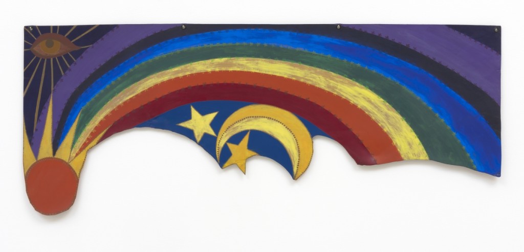Betye Saar, “Rainbow Mojo,” 1972, acrylic painting on cut leather, 19¾ by 49¾ inches, at The Broad. Courtesy of the artist and Roberts Projects, Los Angeles. Photo: Robert Wedemeyer.