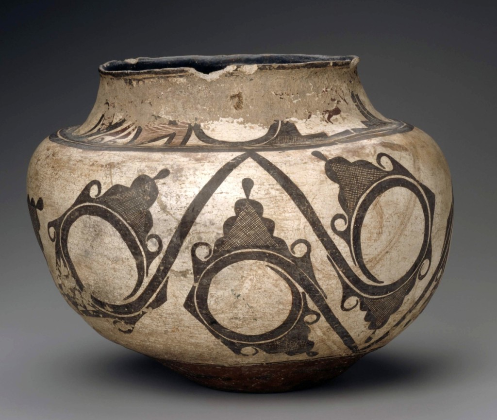 Olla (water jar), Zuni Pueblo, 1820–40. Earthenware with white and black slip paint, height 11 by width 13-9/16 inches. Gift of Mrs George A. Goddard. “Collecting Stories: Native American Art,” Museum of Fine Arts, Boston.