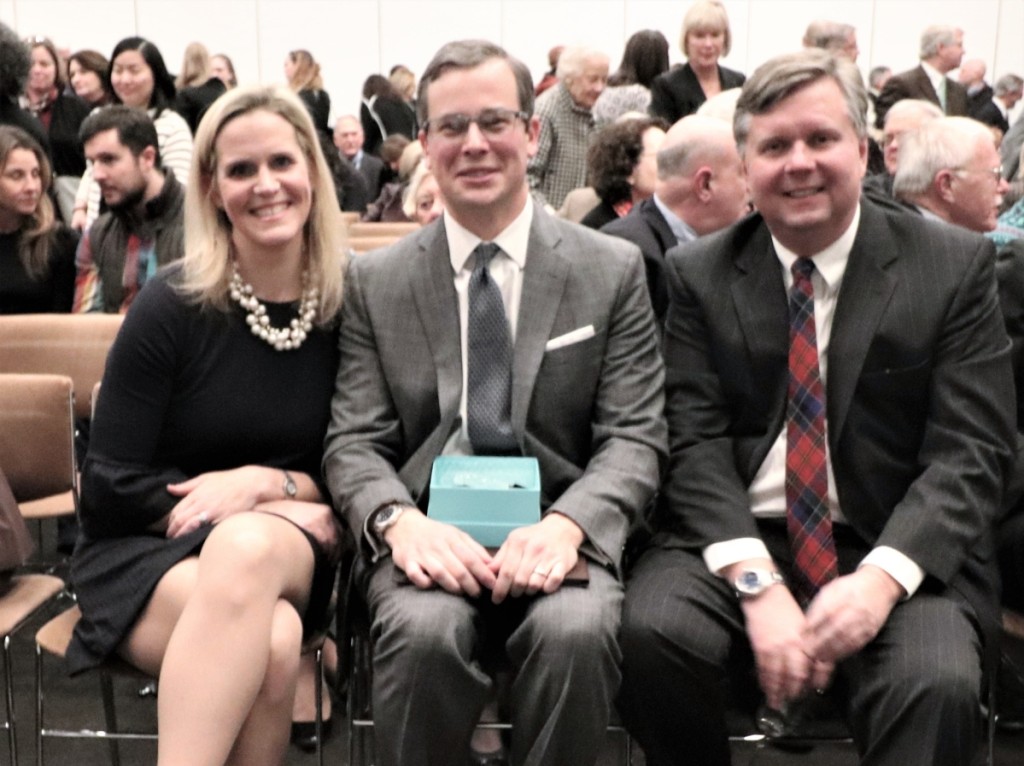 Jen and Matthew A. Thurlow, executive director, Decorative Arts Trust, with, right, Robert A. Leath, Decorative Arts Trust governor and vice president for collections, research and archaeology at the Museum of Early Southern Decorative Arts.