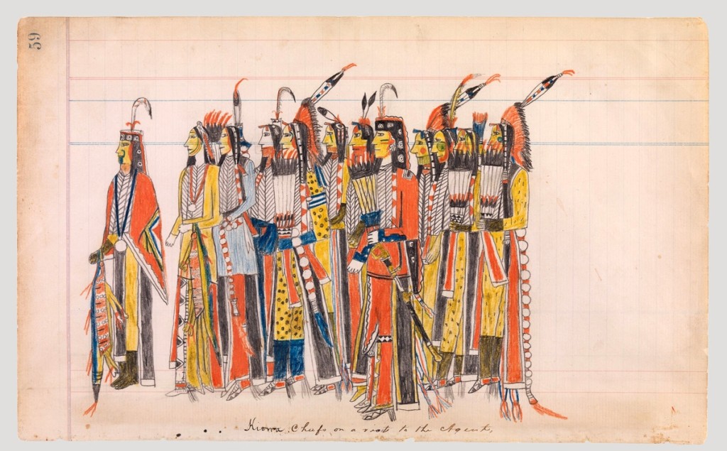 “Kiowa Chiefs on a Visit to the Agent,” attributed to Julian Scott, Ledger Artist B (Kiowa), Oklahoma, circa 1880. Pencil, colored pencil and ink on paper, 7½ by 12 inches. Promised gift of Charles and Valerie Diker. “Art of Native America: The Charles and Valerie Diker Collection,” Metropolitan Museum of Art.